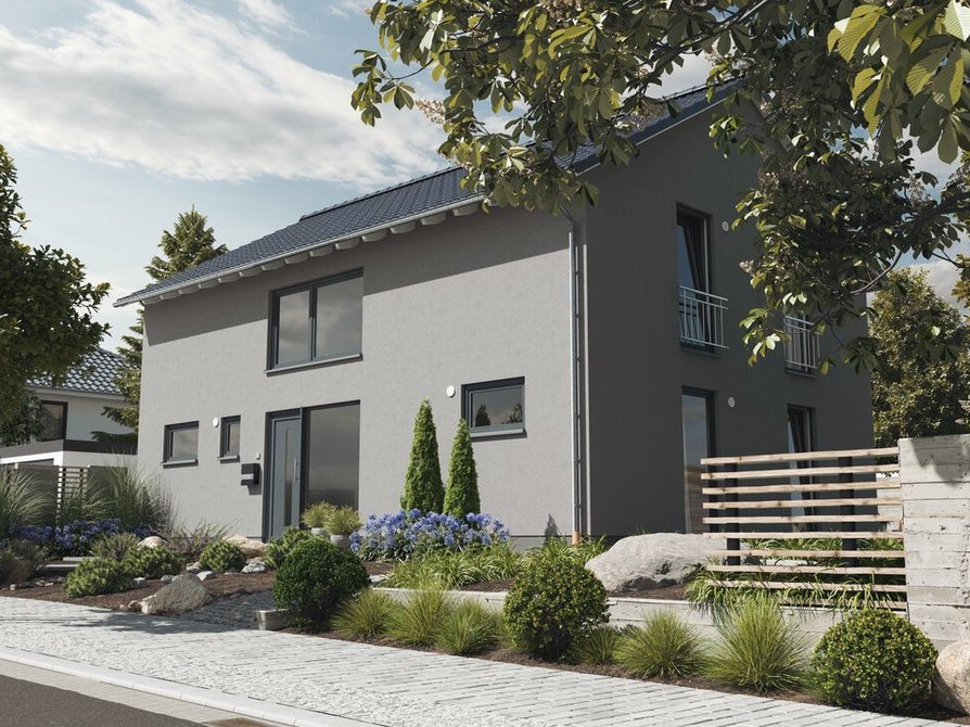 Sicht von der Straße auf das Landhaus 142 Modern mit optionalem Carport, eine farblichen Fassade, Bodentiefe Fenster und Vorgarten